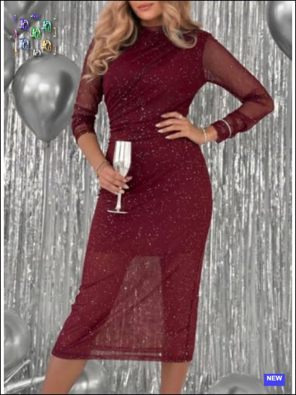 Glitter Sheer Mesh Bodycon Midi Dress, Mock Neck Long Sleeve, Ruched - Picture 2 of 3